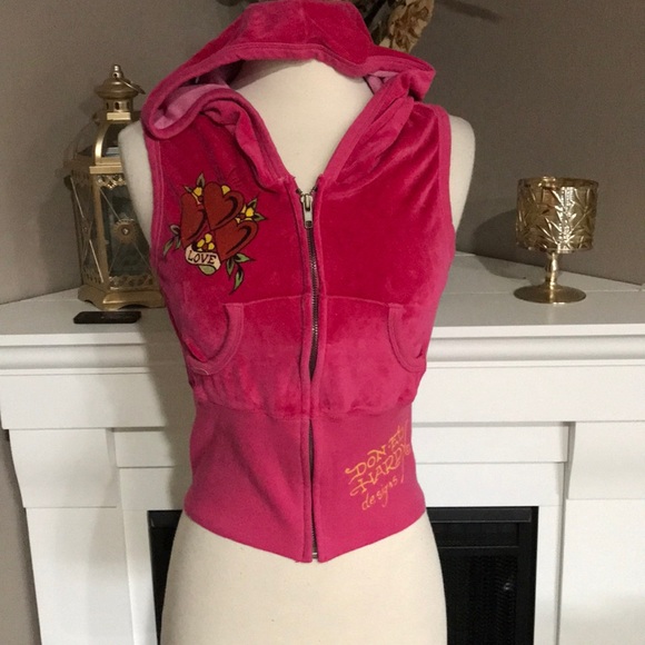 Ed Hardy Other - Ed Hardy Pink Velour 3 Hearts Hooded Vest